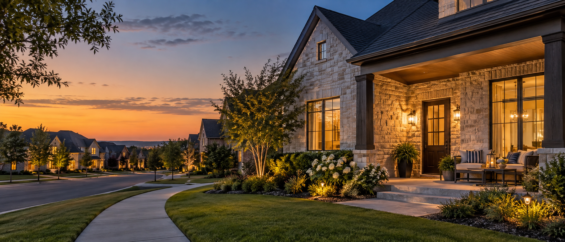 A welcoming DFW neighborhood home at dusk